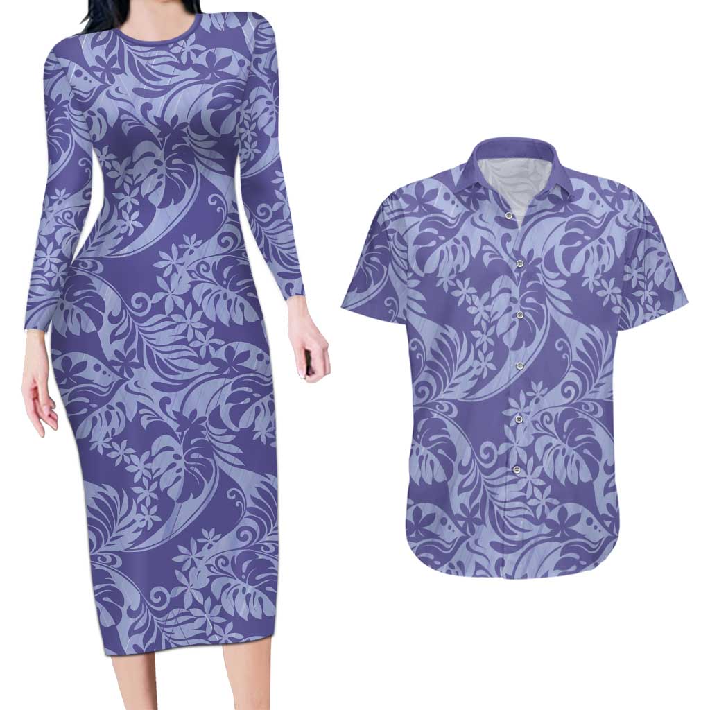 Tahiti Vareau Tiare Floral Couples Matching Long Sleeve Bodycon Dress and Hawaiian Shirt Monstera Palm Tropical Leaves - Polynesian Pride