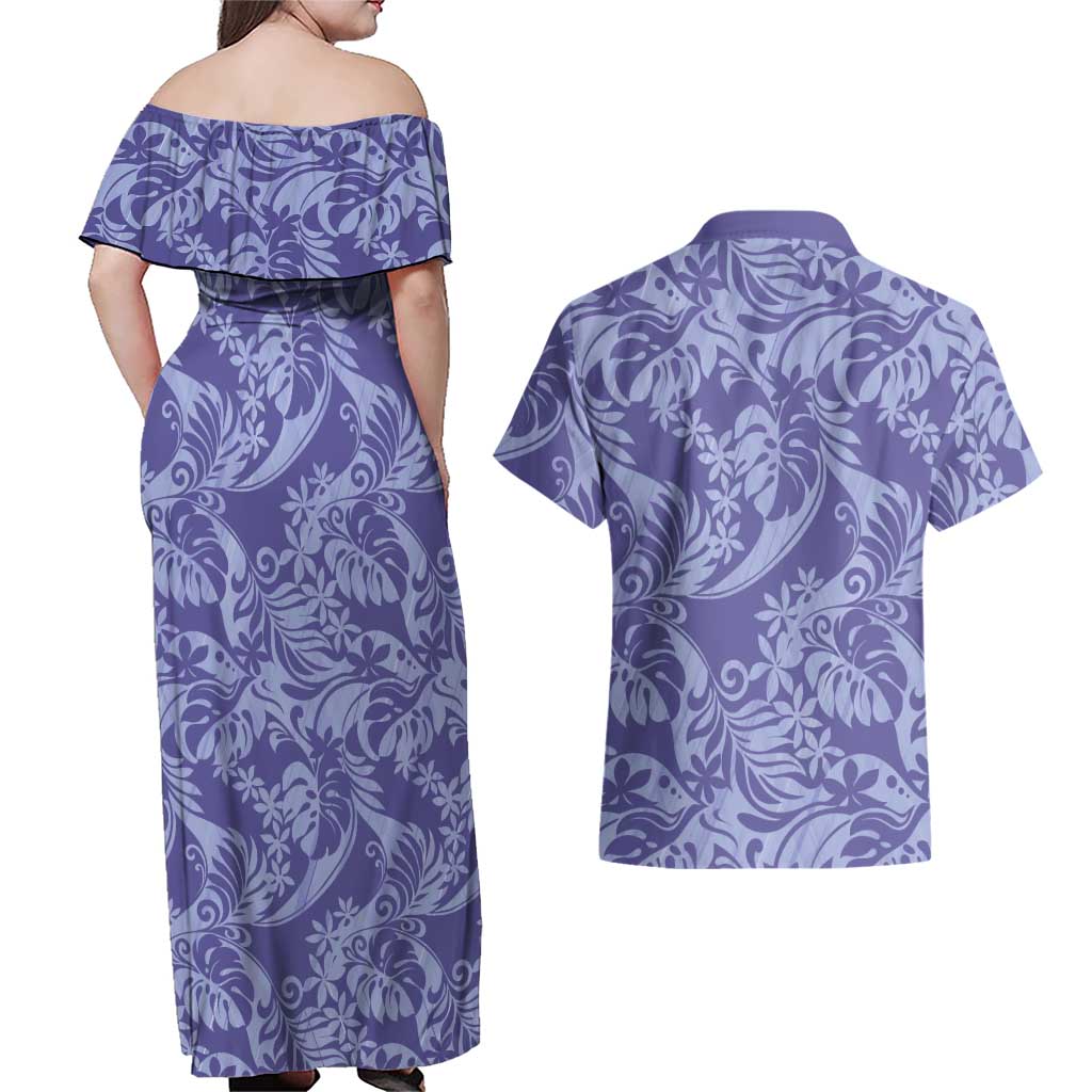 Tahiti Vareau Tiare Floral Couples Matching Off Shoulder Maxi Dress and Hawaiian Shirt Monstera Palm Tropical Leaves LT01 - Polynesian Pride
