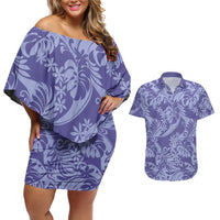Tahiti Vareau Tiare Floral Couples Matching Off Shoulder Short Dress and Hawaiian Shirt Monstera Palm Tropical Leaves LT01 Purple - Polynesian Pride
