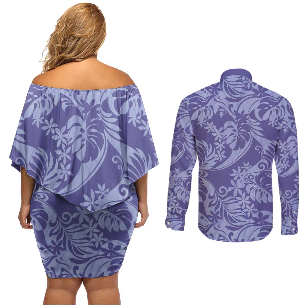 Tahiti Vareau Tiare Floral Couples Matching Off Shoulder Short Dress and Long Sleeve Button Shirt Monstera Palm Tropical Leaves - Polynesian Pride