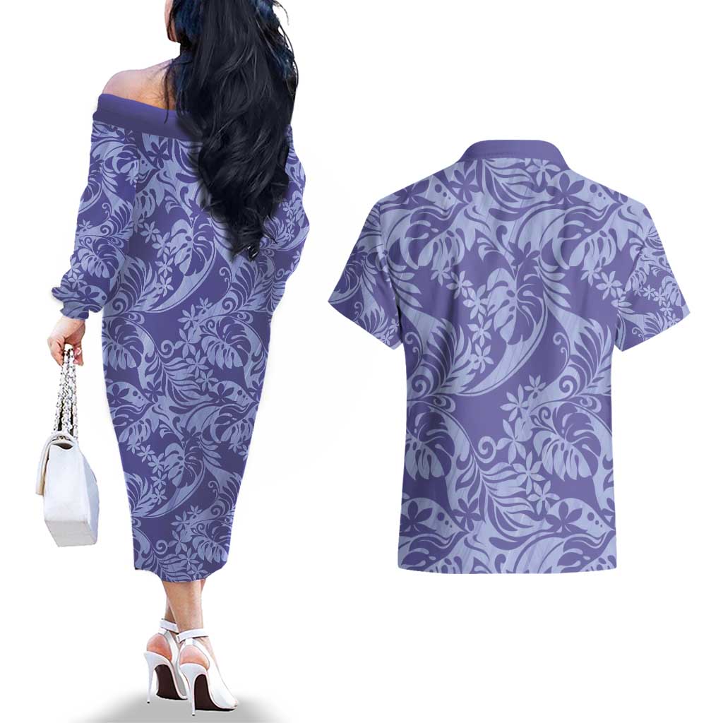 Tahiti Vareau Tiare Floral Couples Matching Off The Shoulder Long Sleeve Dress and Hawaiian Shirt Monstera Palm Tropical Leaves - Polynesian Pride