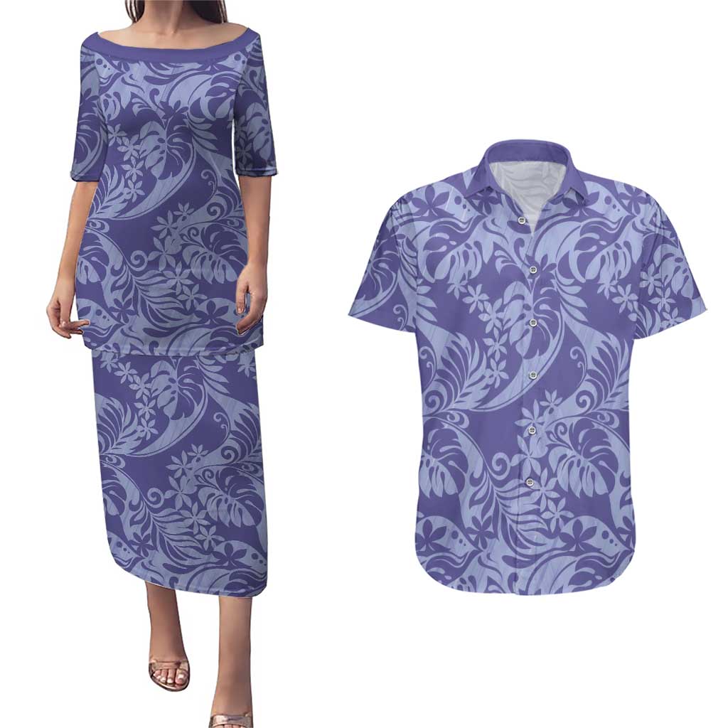 Tahiti Vareau Tiare Floral Couples Matching Puletasi and Hawaiian Shirt Monstera Palm Tropical Leaves - Polynesian Pride