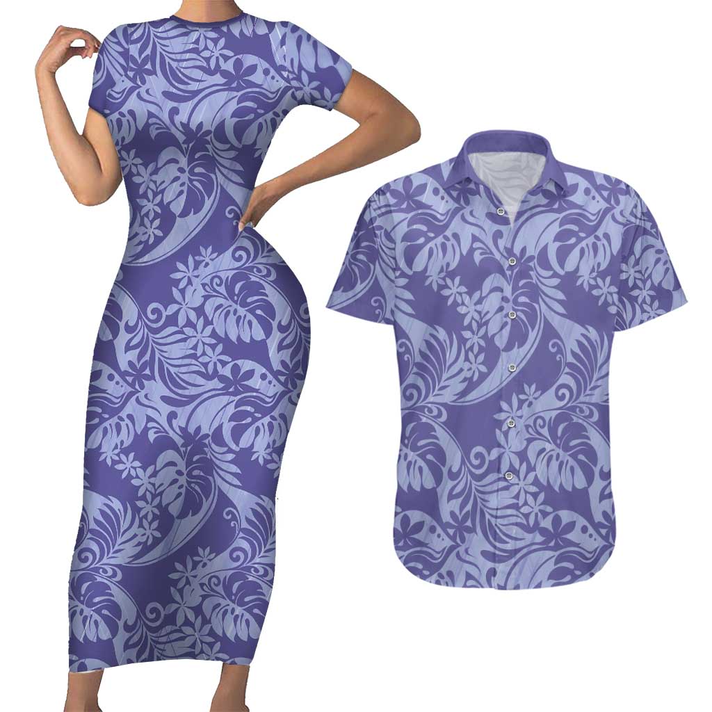 Tahiti Vareau Tiare Floral Couples Matching Short Sleeve Bodycon Dress and Hawaiian Shirt Monstera Palm Tropical Leaves LT01 Purple - Polynesian Pride