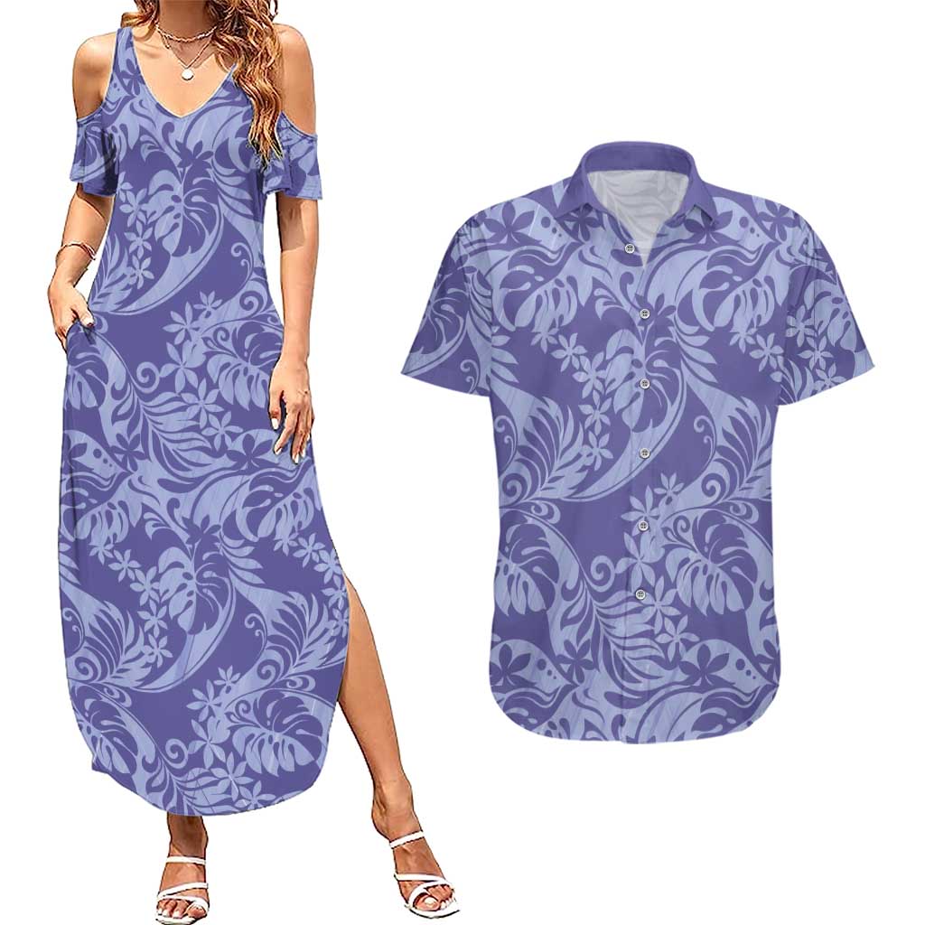 Tahiti Vareau Tiare Floral Couples Matching Summer Maxi Dress and Hawaiian Shirt Monstera Palm Tropical Leaves - Polynesian Pride