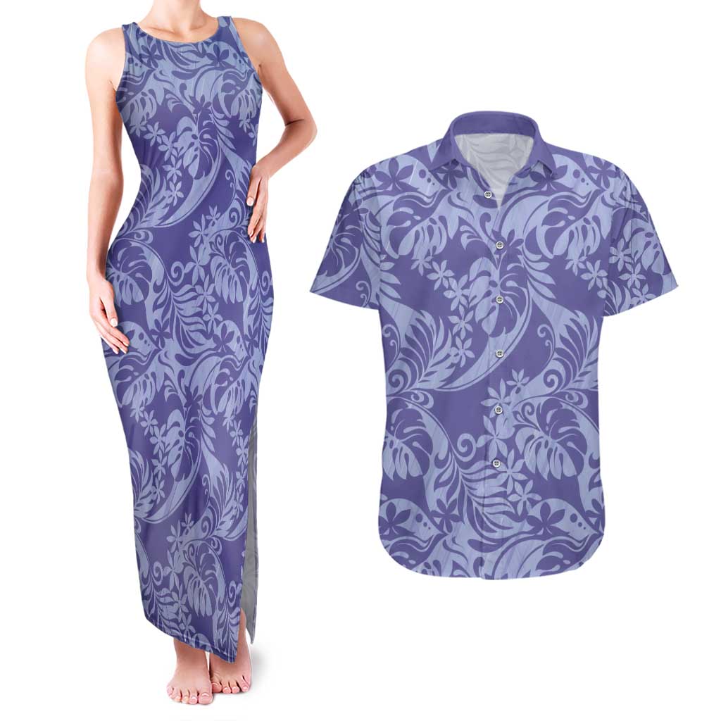 Tahiti Vareau Tiare Floral Couples Matching Tank Maxi Dress and Hawaiian Shirt Monstera Palm Tropical Leaves - Polynesian Pride