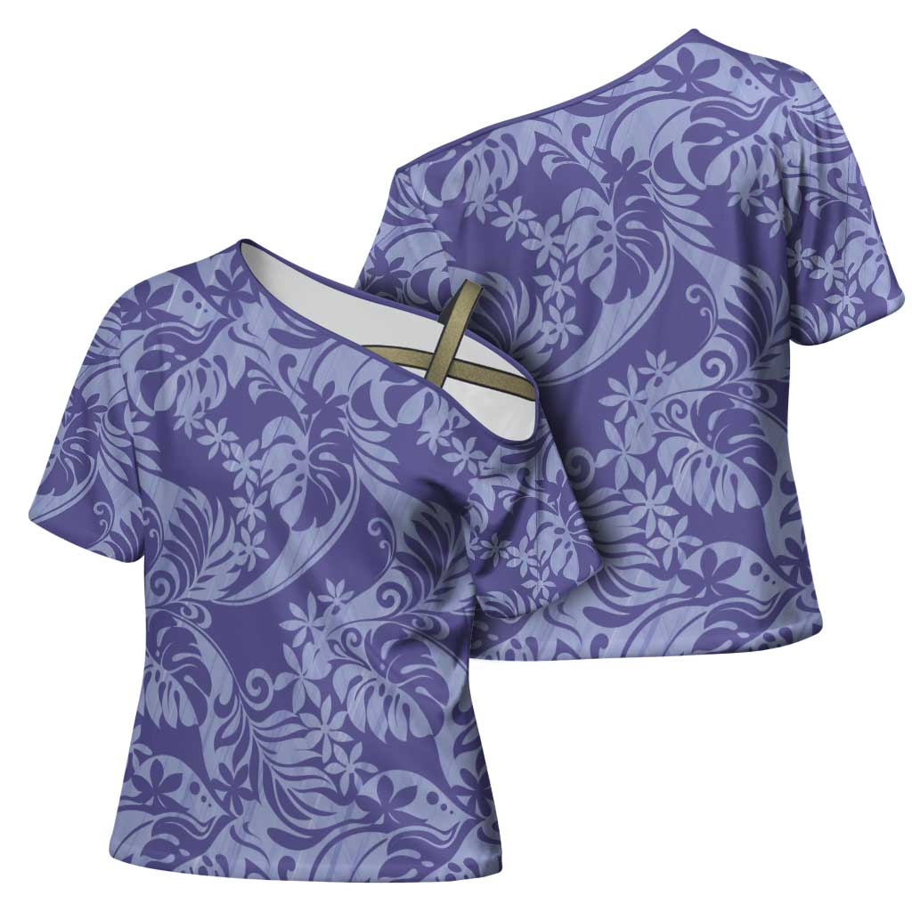 Tahiti Vareau Tiare Floral Cross Shoulder Shirt Monstera Palm Tropical Leaves - Polynesian Pride