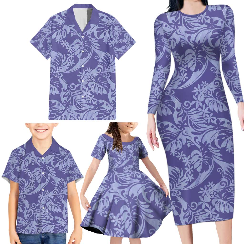 Tahiti Vareau Tiare Floral Family Matching Long Sleeve Bodycon Dress and Hawaiian Shirt Monstera Palm Tropical Leaves - Polynesian Pride