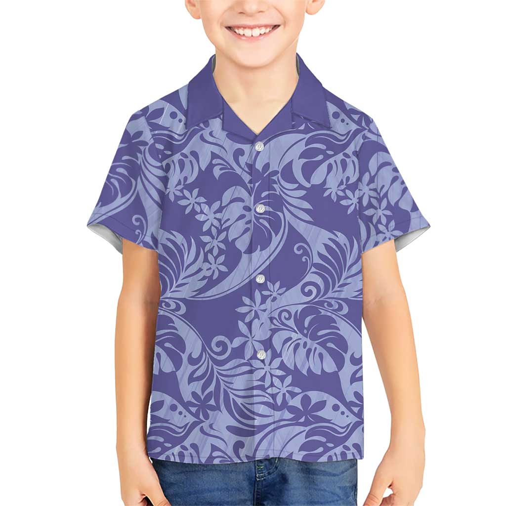 Tahiti Vareau Tiare Floral Family Matching Puletasi and Hawaiian Shirt Monstera Palm Tropical Leaves LT01 Son's Shirt Purple - Polynesian Pride