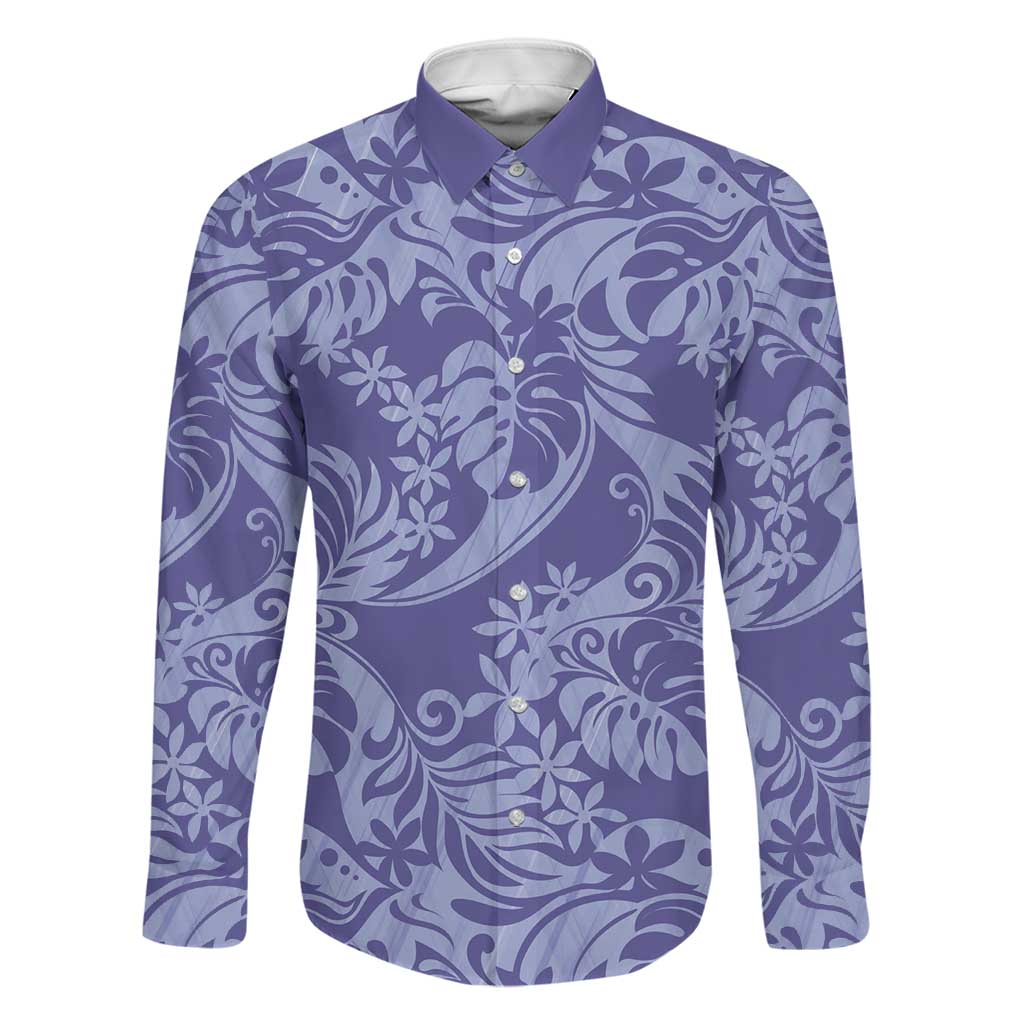 Tahiti Vareau Tiare Floral Family Matching Tank Maxi Dress and Hawaiian Shirt Monstera Palm Tropical Leaves LT01 Dad's Shirt - Long Sleeve Purple - Polynesian Pride