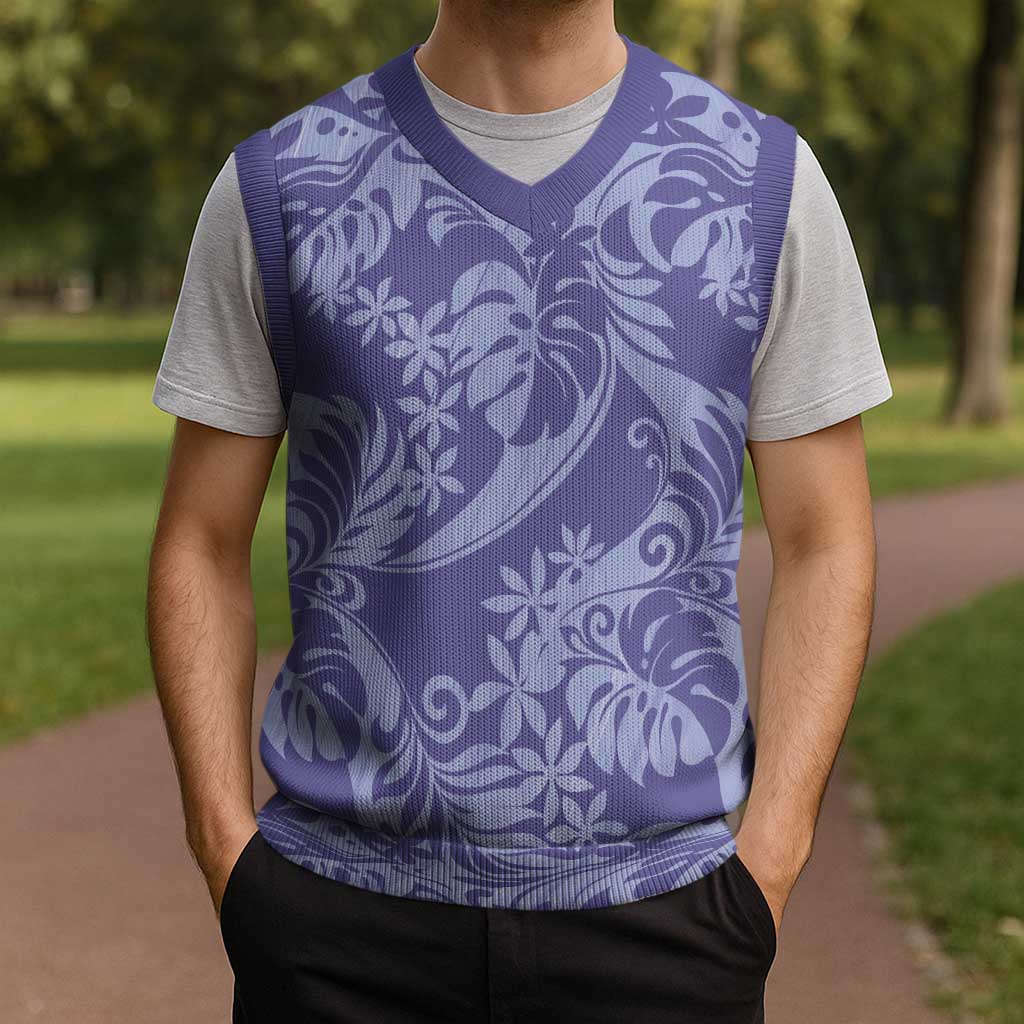 Tahiti Vareau Tiare Floral Christmas Knitted V-Neck Vest Monstera Palm Tropical Leaves - Polynesian Pride