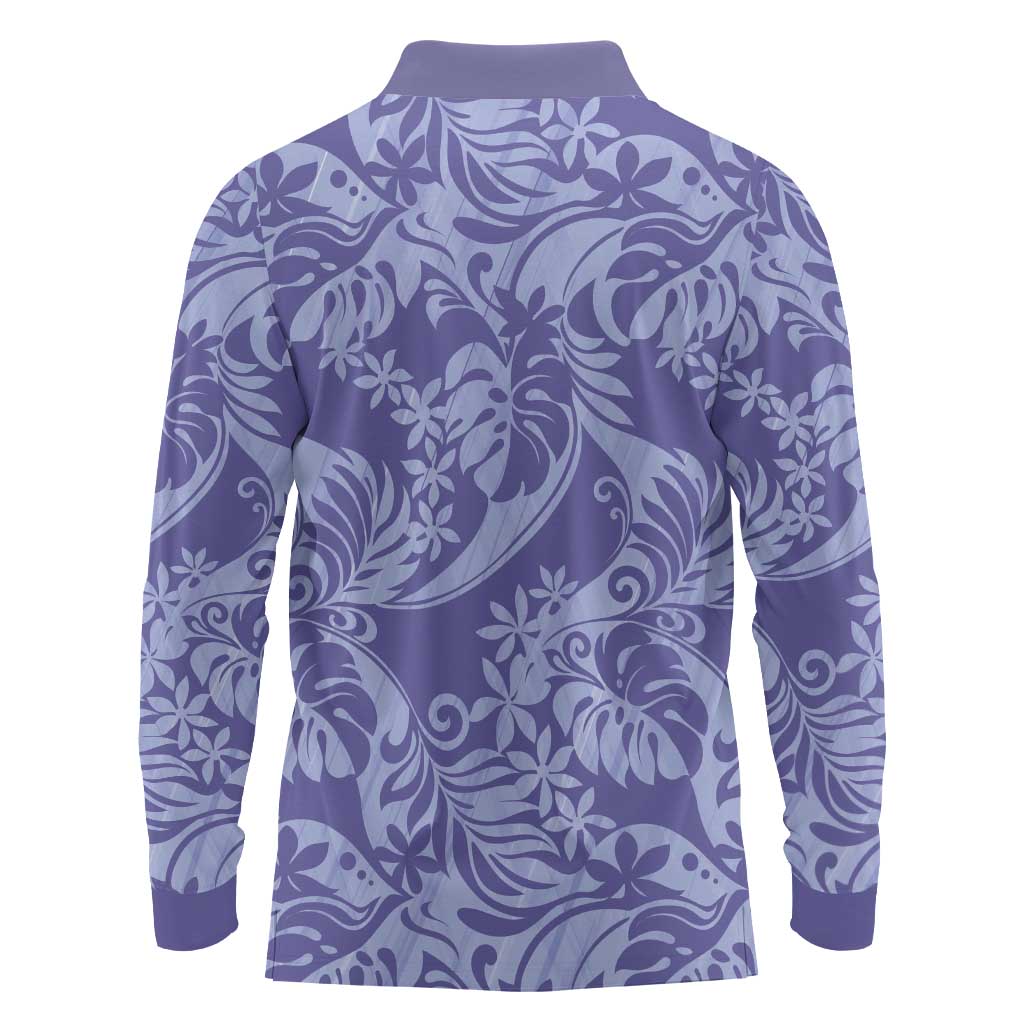 Tahiti Vareau Tiare Floral Long Sleeve Polo Shirt Monstera Palm Tropical Leaves - Polynesian Pride