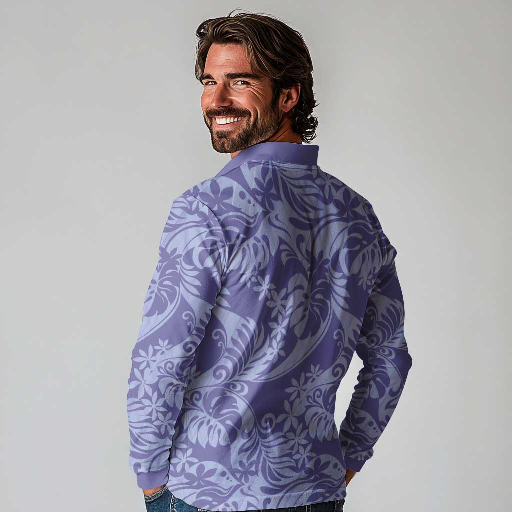 Tahiti Vareau Tiare Floral Long Sleeve Polo Shirt Monstera Palm Tropical Leaves - Polynesian Pride