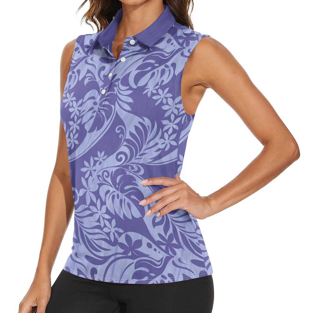 Tahiti Vareau Tiare Floral Women Sleeveless Polo Shirt Monstera Palm Tropical Leaves - Polynesian Pride