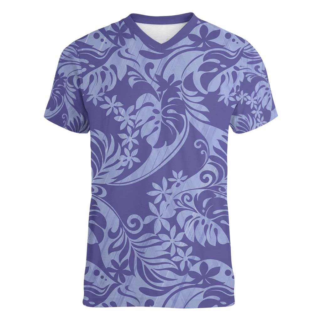 Tahiti Vareau Tiare Floral Women V-Neck T-Shirt Monstera Palm Tropical Leaves - Polynesian Pride
