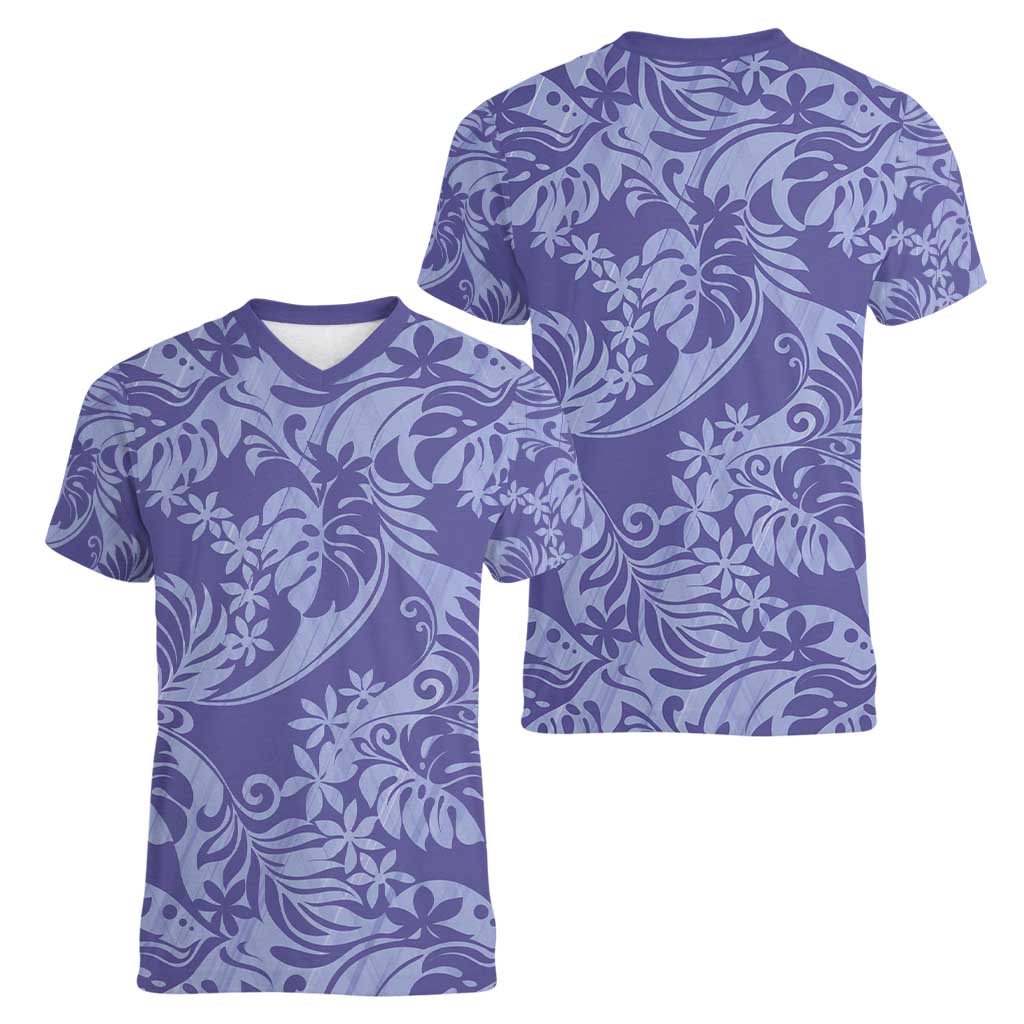 Tahiti Vareau Tiare Floral Women V-Neck T-Shirt Monstera Palm Tropical Leaves - Polynesian Pride