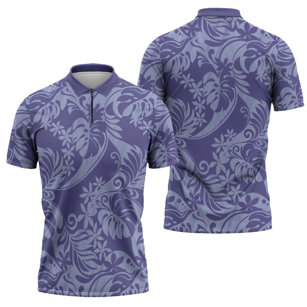 Tahiti Vareau Tiare Floral Zipper Polo Shirt Monstera Palm Tropical Leaves - Polynesian Pride