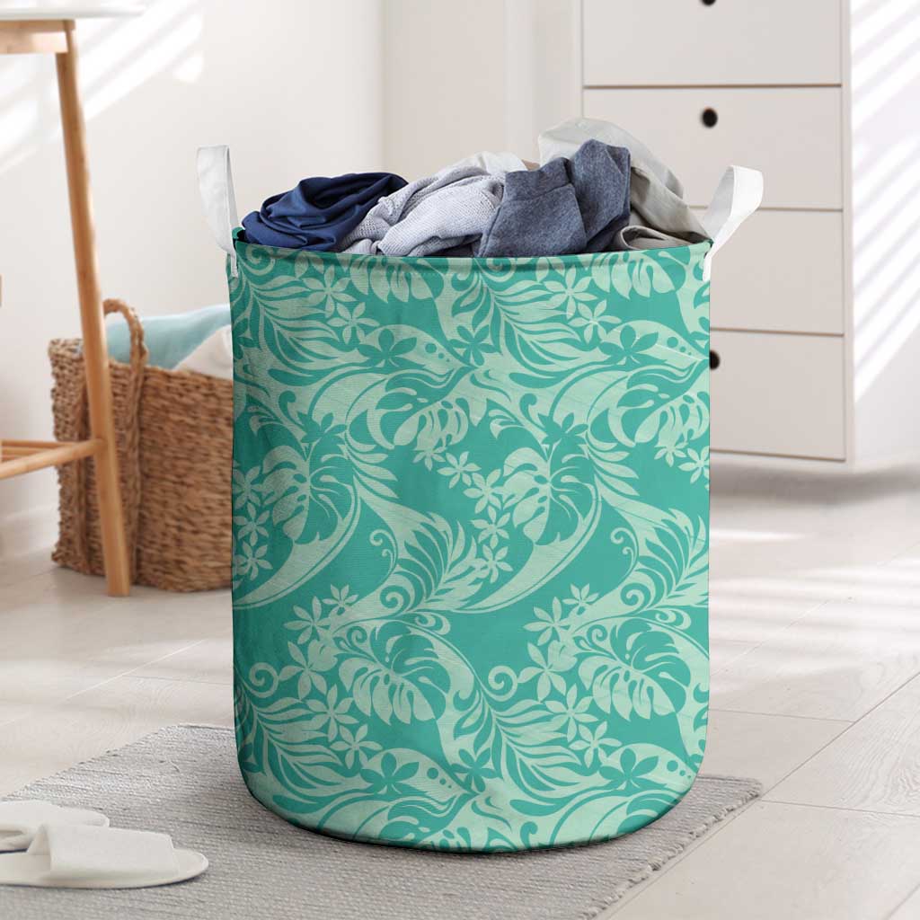 Tahiti Teal Tiare Floral Laundry Basket Monstera Palm Tropical Leaves - Polynesian Pride