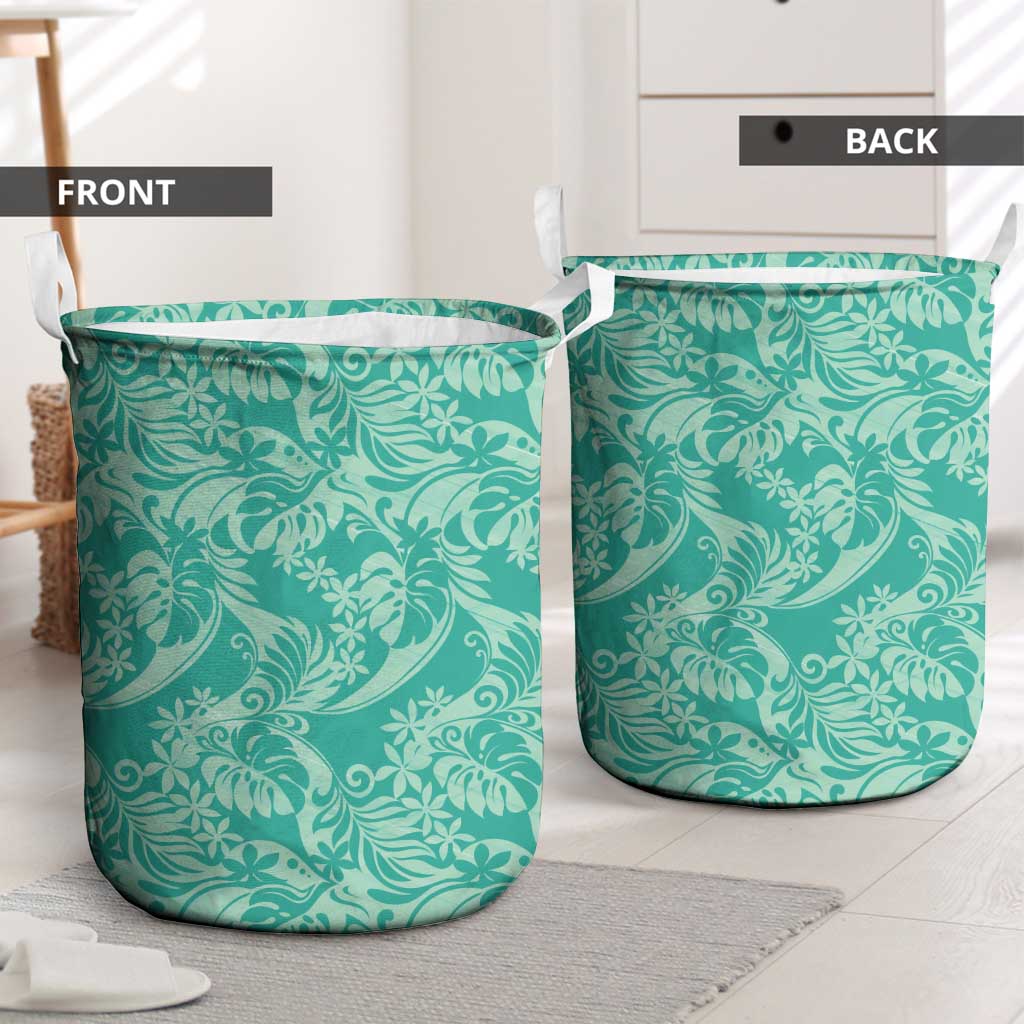Tahiti Teal Tiare Floral Laundry Basket Monstera Palm Tropical Leaves - Polynesian Pride
