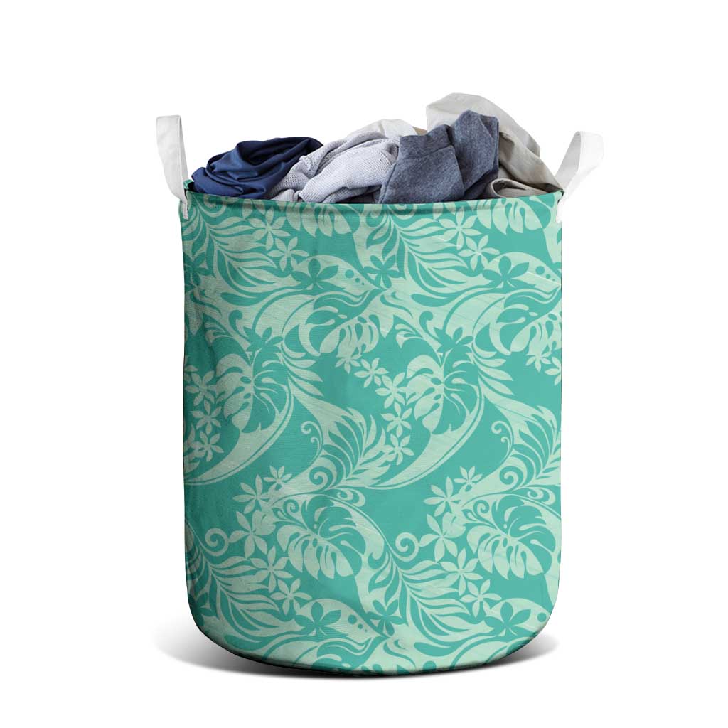Tahiti Teal Tiare Floral Laundry Basket Monstera Palm Tropical Leaves - Polynesian Pride
