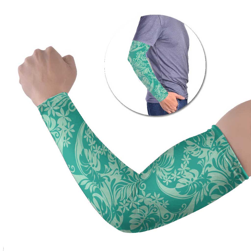 Tahiti Teal Tiare Floral Arm Sleeves Monstera Palm Tropical Leaves - Polynesian Pride