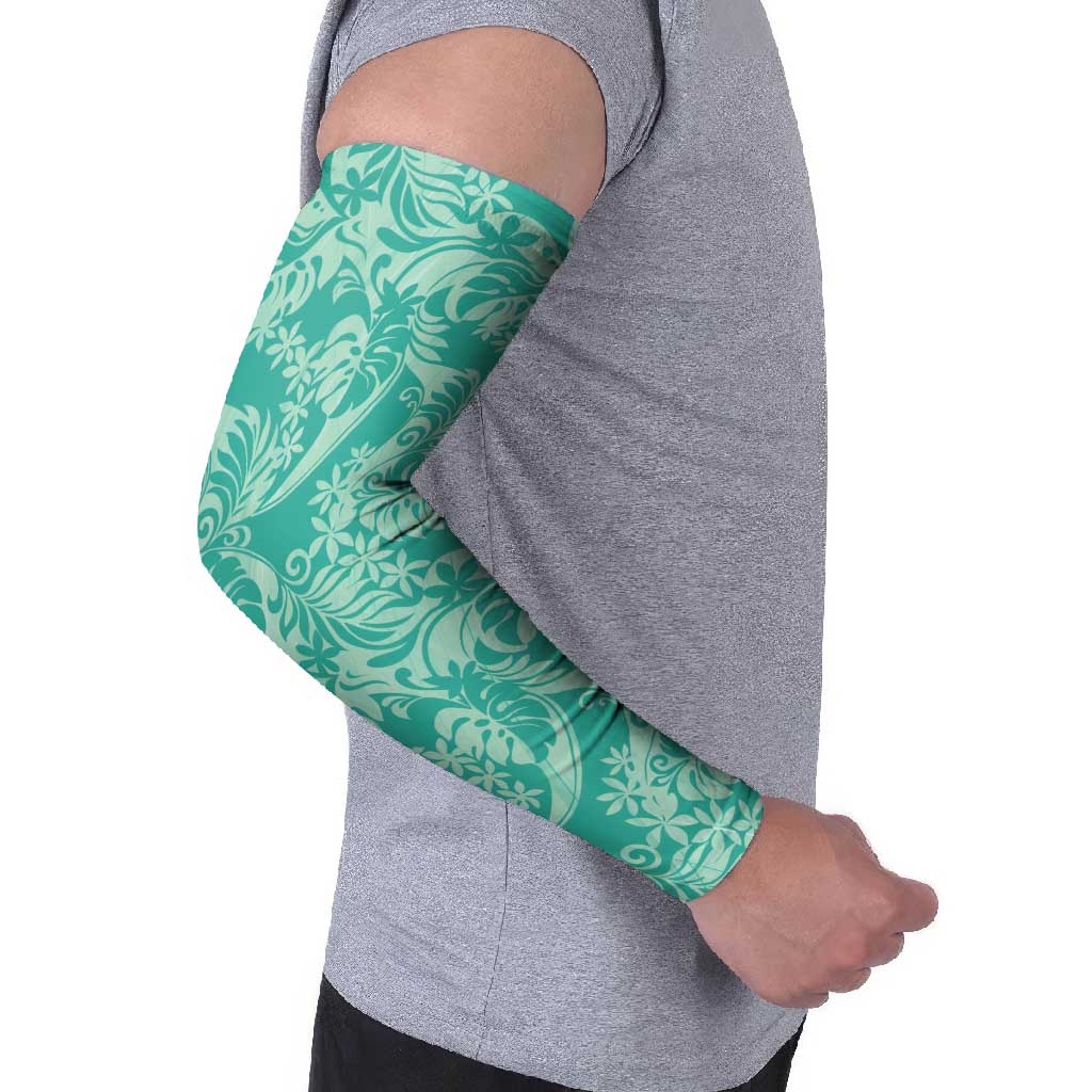Tahiti Teal Tiare Floral Arm Sleeves Monstera Palm Tropical Leaves - Polynesian Pride