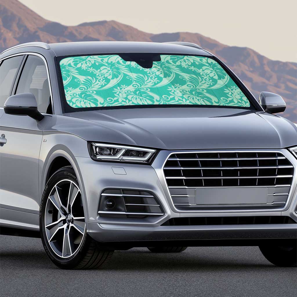 Tahiti Teal Tiare Floral Auto Sun Shade Monstera Palm Tropical Leaves - Polynesian Pride