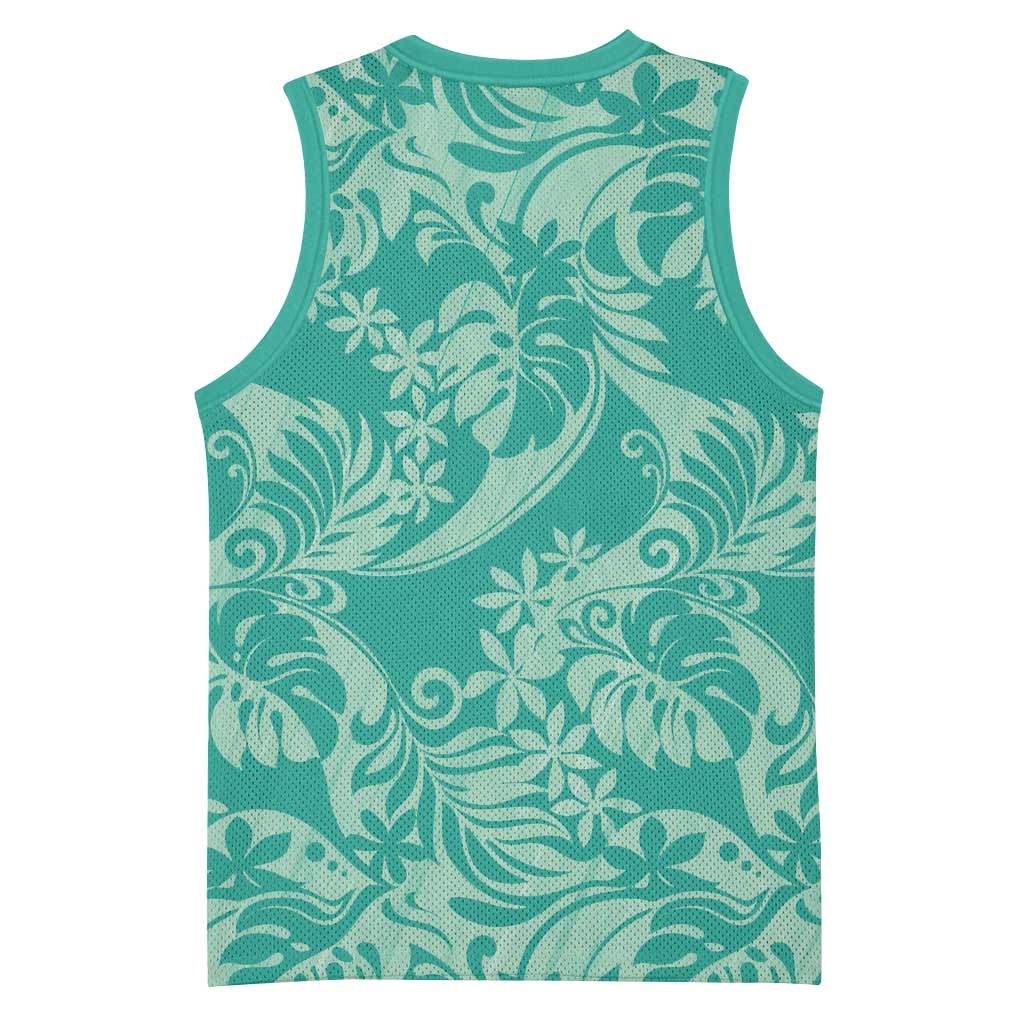Tahiti Teal Tiare Floral Basketball Jersey Monstera Palm Tropical Leaves - Polynesian Pride