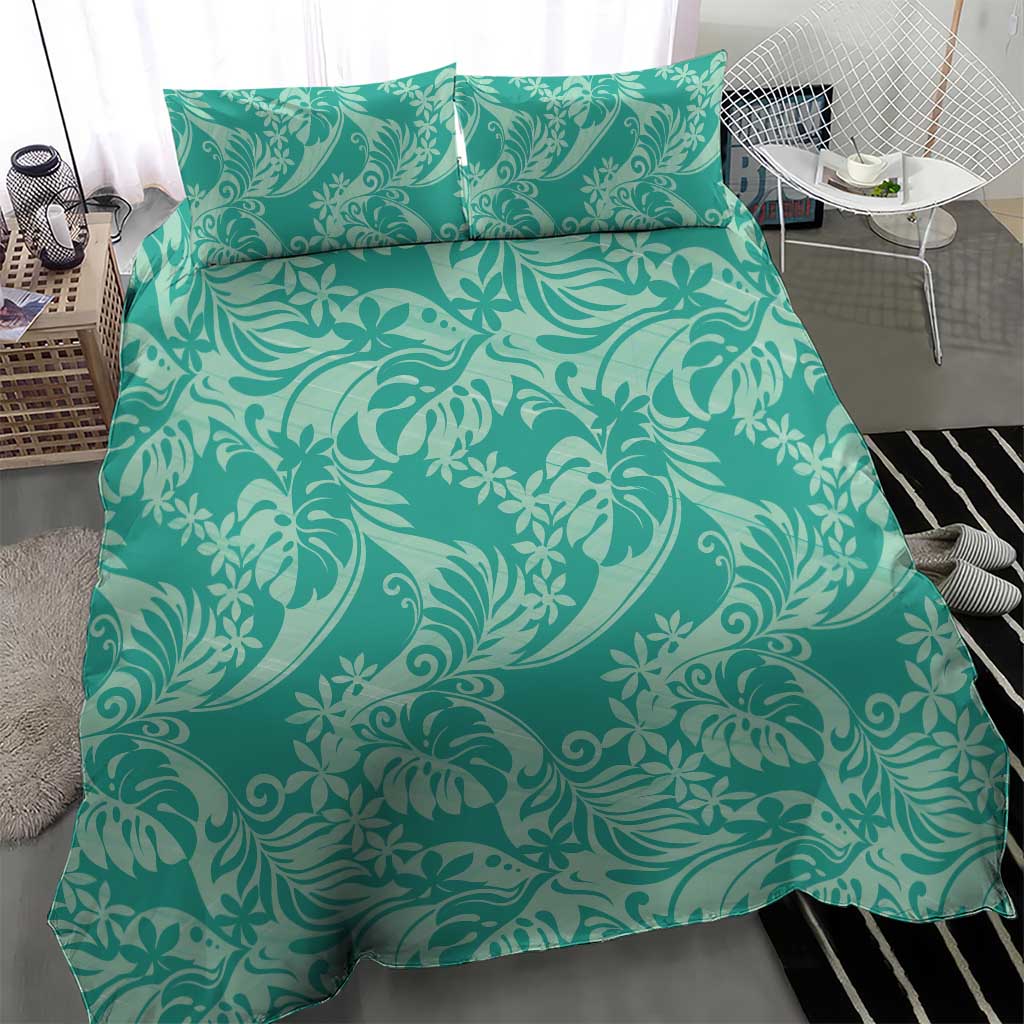 Tahiti Teal Tiare Floral Bedding Set Monstera Palm Tropical Leaves - Polynesian Pride