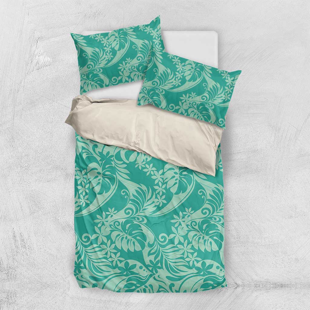 Tahiti Teal Tiare Floral Bedding Set Monstera Palm Tropical Leaves - Polynesian Pride