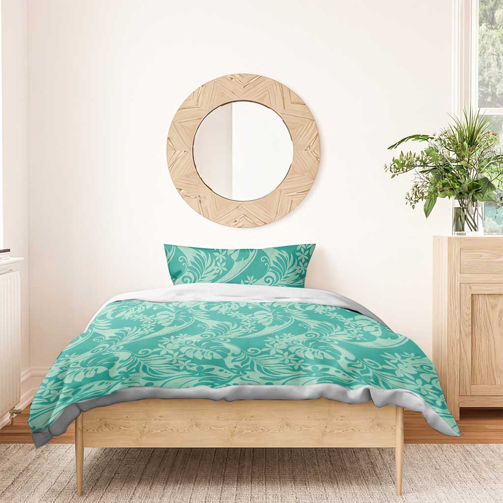 Tahiti Teal Tiare Floral Bedding Set Monstera Palm Tropical Leaves - Polynesian Pride
