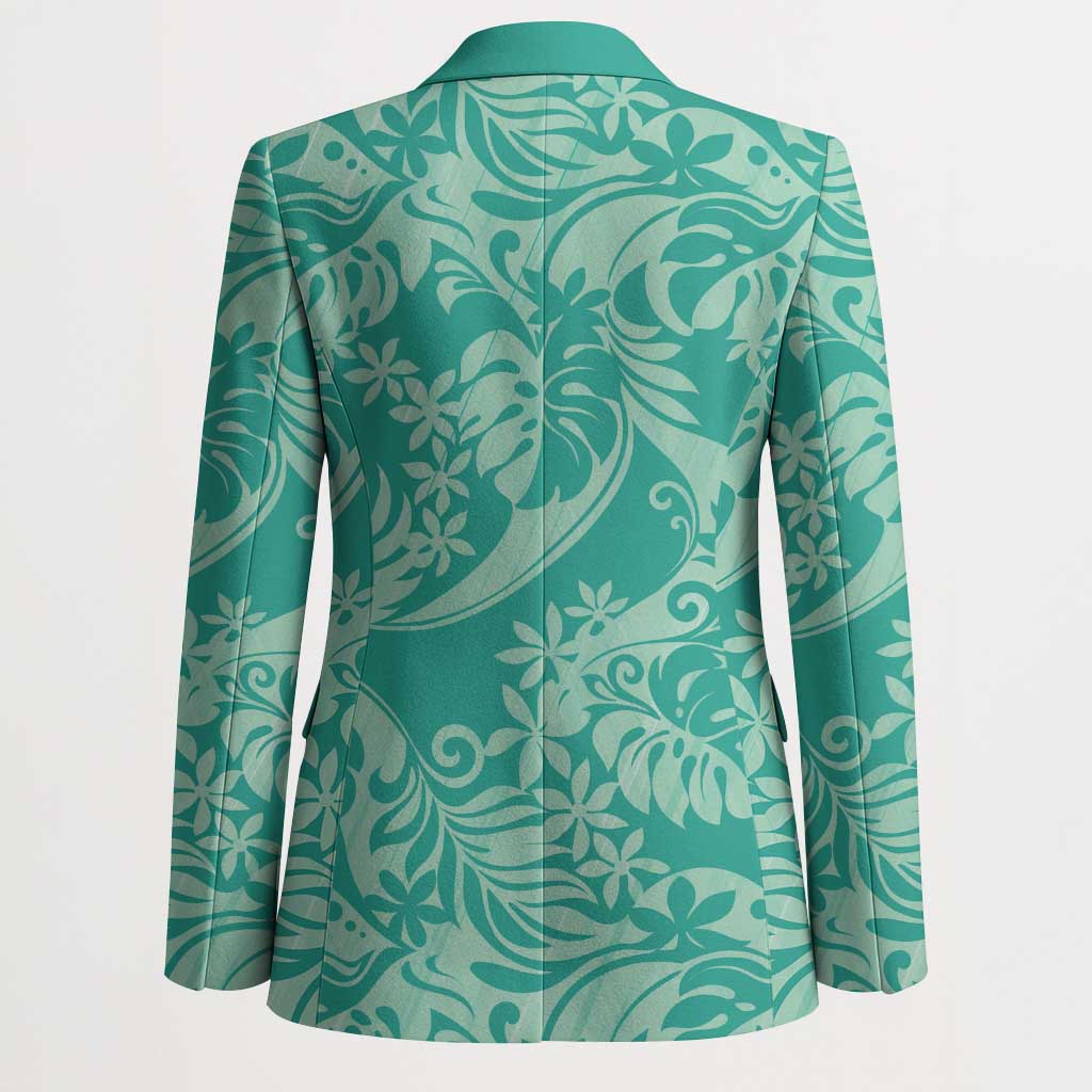 Tahiti Teal Tiare Floral Blazer Monstera Palm Tropical Leaves - Polynesian Pride