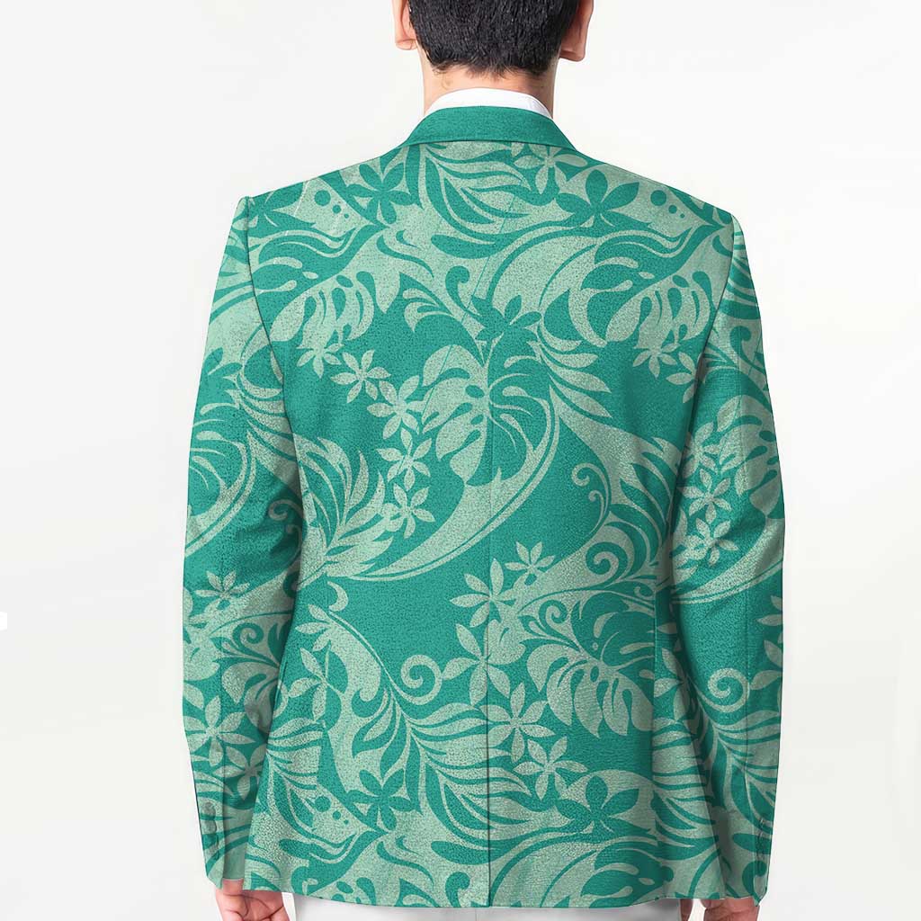 Tahiti Teal Tiare Floral Blazer Monstera Palm Tropical Leaves - Polynesian Pride