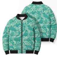 Tahiti Teal Tiare Floral Bomber Puffer Jacket Monstera Palm Tropical Leaves - Polynesian Pride