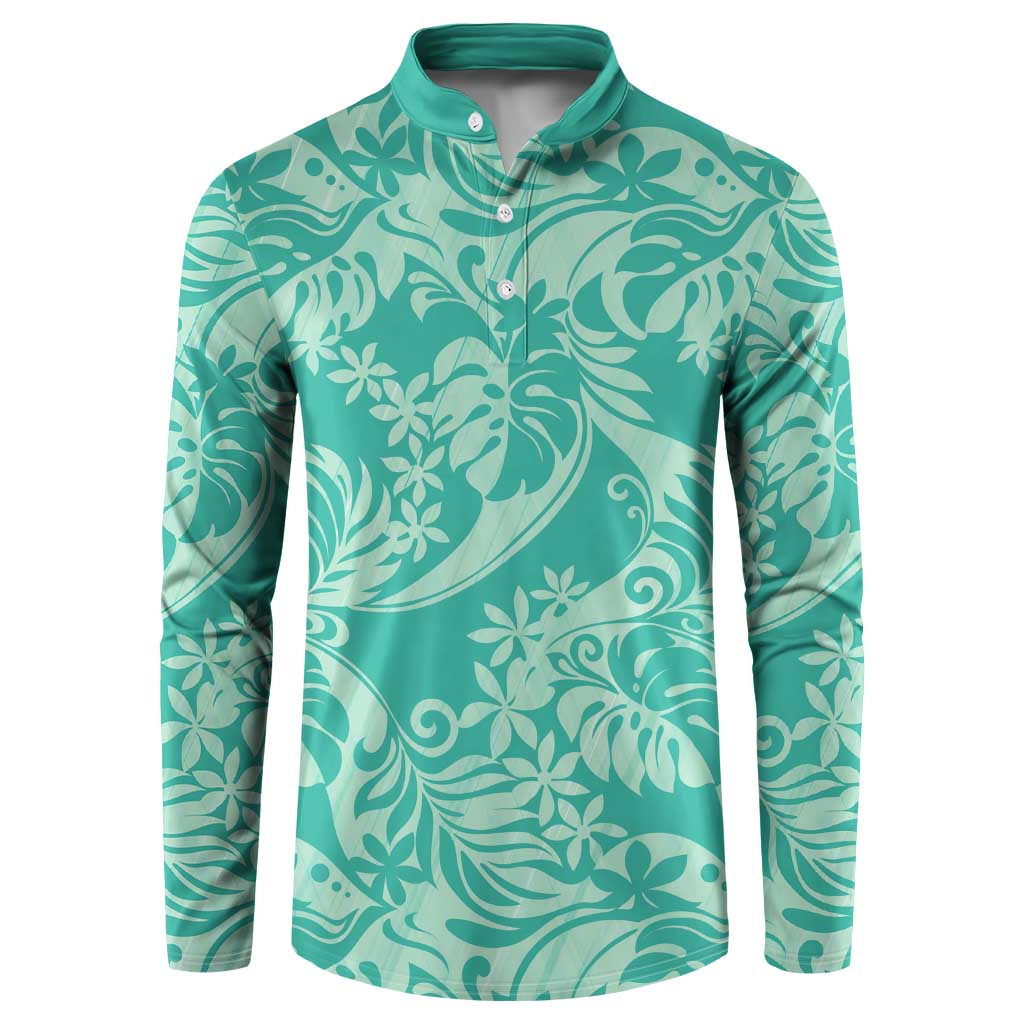 Tahiti Teal Tiare Floral Button Sweatshirt Monstera Palm Tropical Leaves - Polynesian Pride