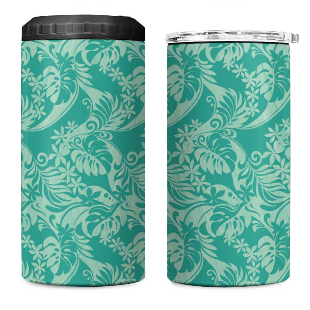 Tahiti Teal Tiare Floral 4 in 1 Can Cooler Tumbler Monstera Palm Tropical Leaves - Polynesian Pride