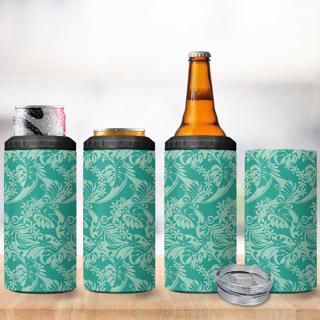 Tahiti Teal Tiare Floral 4 in 1 Can Cooler Tumbler Monstera Palm Tropical Leaves - Polynesian Pride