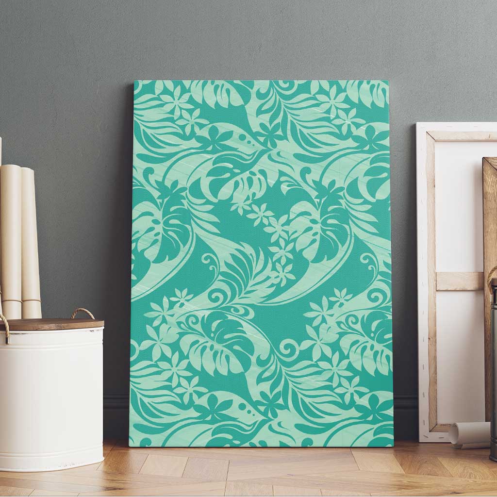 Tahiti Teal Tiare Floral Canvas Wall Art Monstera Palm Tropical Leaves - Polynesian Pride