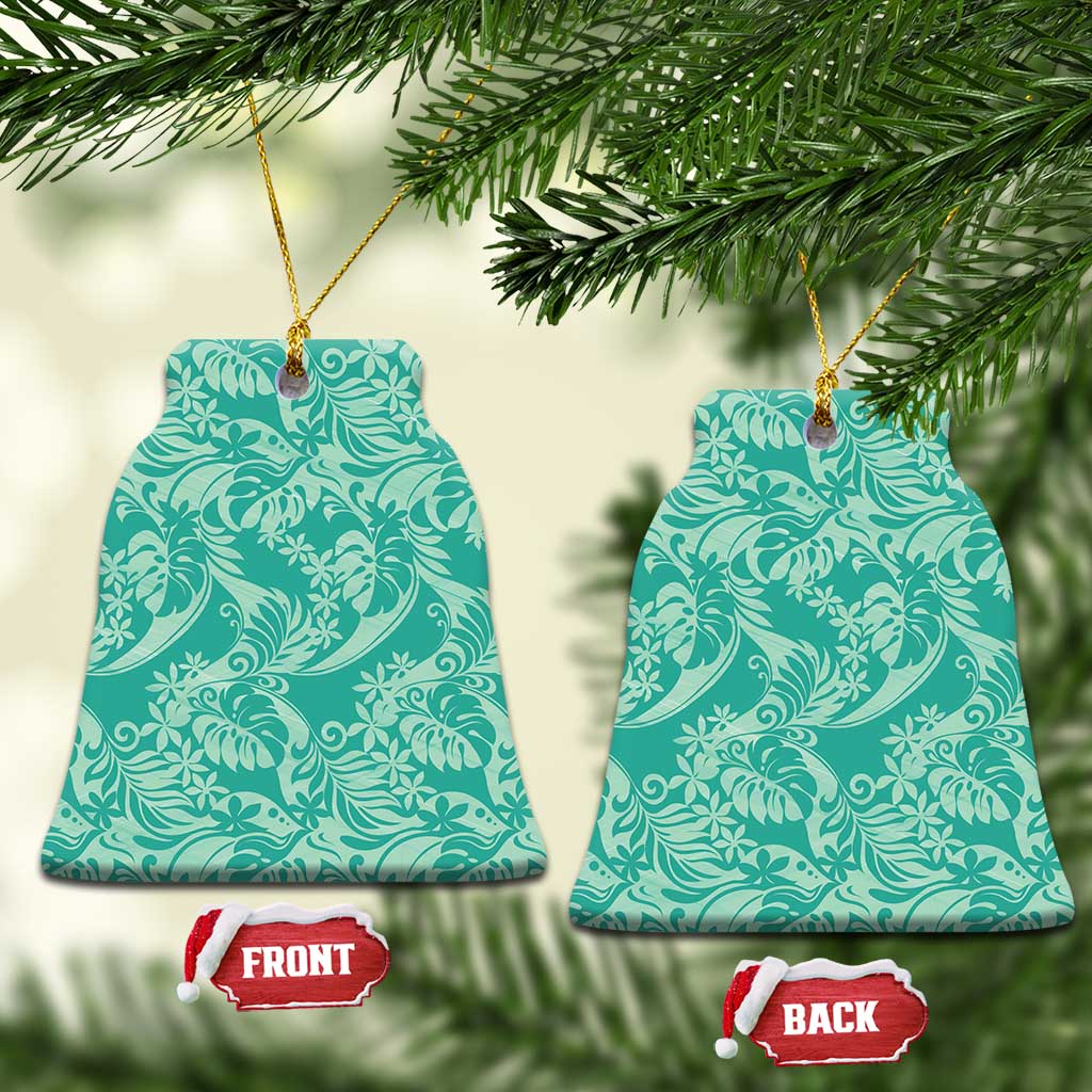 Tahiti Teal Tiare Floral Ceramic Ornament Monstera Palm Tropical Leaves - Polynesian Pride