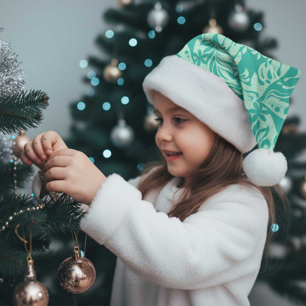 Tahiti Teal Tiare Floral Christmas Santa Hat Monstera Palm Tropical Leaves - Polynesian Pride