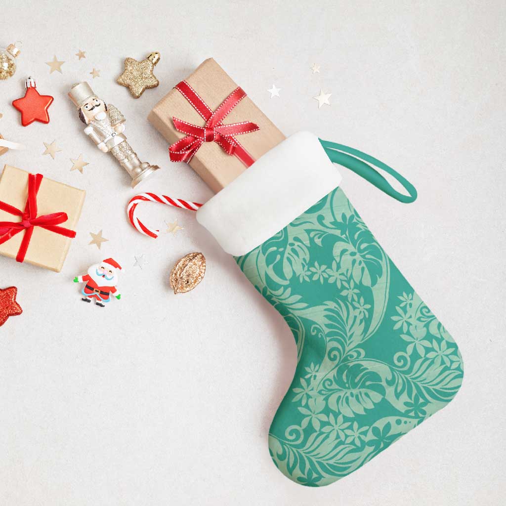 Tahiti Teal Tiare Floral Christmas Stocking Monstera Palm Tropical Leaves - Polynesian Pride