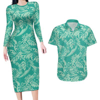 Tahiti Teal Tiare Floral Couples Matching Long Sleeve Bodycon Dress and Hawaiian Shirt Monstera Palm Tropical Leaves LT01 Teal - Polynesian Pride