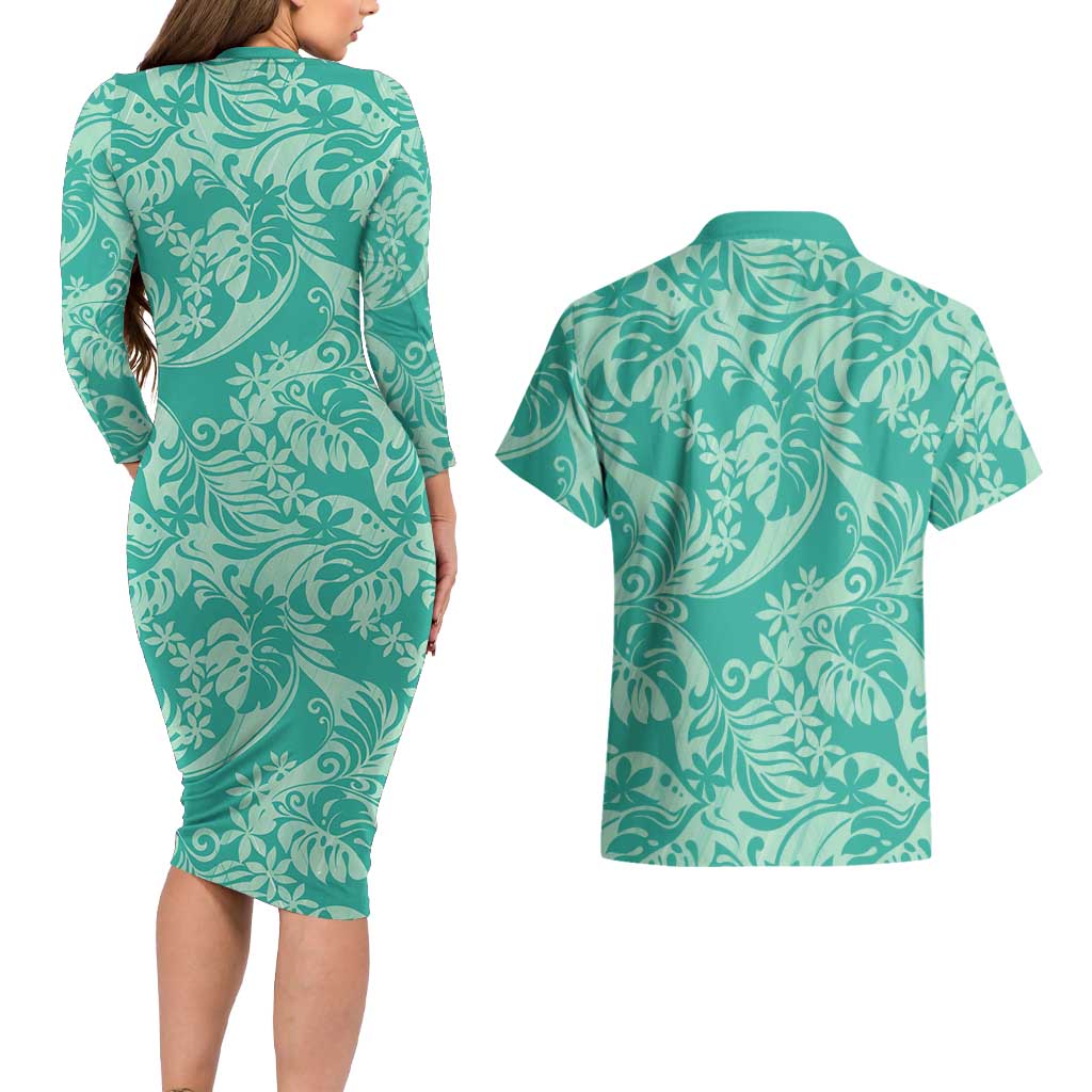 Tahiti Teal Tiare Floral Couples Matching Long Sleeve Bodycon Dress and Hawaiian Shirt Monstera Palm Tropical Leaves LT01 - Polynesian Pride