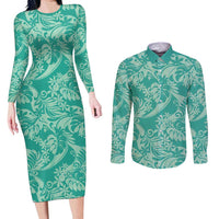 Tahiti Teal Tiare Floral Couples Matching Long Sleeve Bodycon Dress and Long Sleeve Button Shirt Monstera Palm Tropical Leaves - Polynesian Pride
