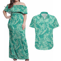 Tahiti Teal Tiare Floral Couples Matching Off Shoulder Maxi Dress and Hawaiian Shirt Monstera Palm Tropical Leaves - Polynesian Pride