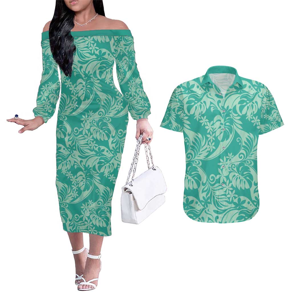Tahiti Teal Tiare Floral Couples Matching Off The Shoulder Long Sleeve Dress and Hawaiian Shirt Monstera Palm Tropical Leaves - Polynesian Pride