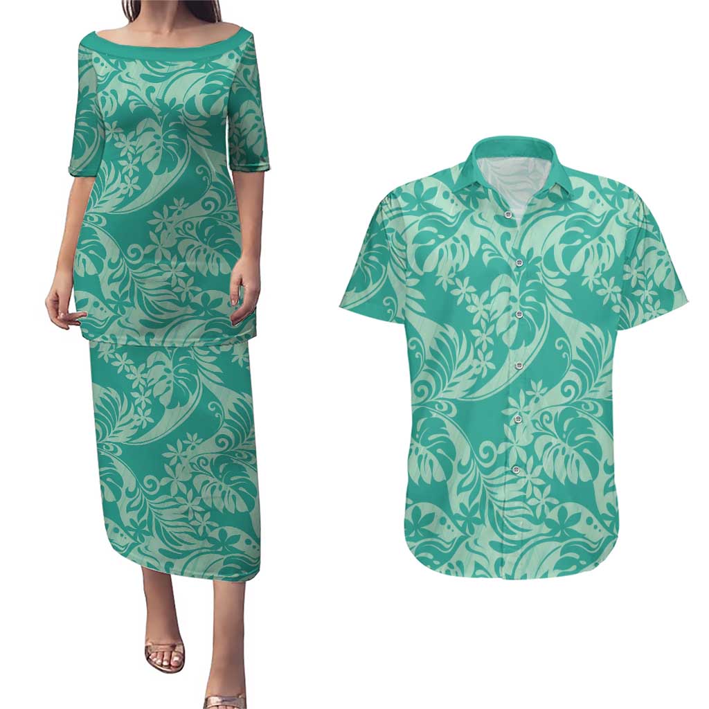 Tahiti Teal Tiare Floral Couples Matching Puletasi and Hawaiian Shirt Monstera Palm Tropical Leaves - Polynesian Pride