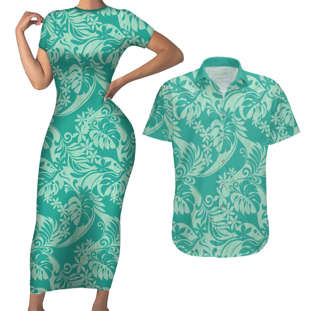 Tahiti Teal Tiare Floral Couples Matching Short Sleeve Bodycon Dress and Hawaiian Shirt Monstera Palm Tropical Leaves LT01 Teal - Polynesian Pride