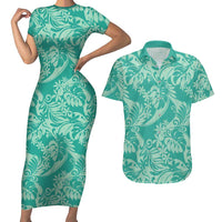 Tahiti Teal Tiare Floral Couples Matching Short Sleeve Bodycon Dress and Hawaiian Shirt Monstera Palm Tropical Leaves LT01 Teal - Polynesian Pride