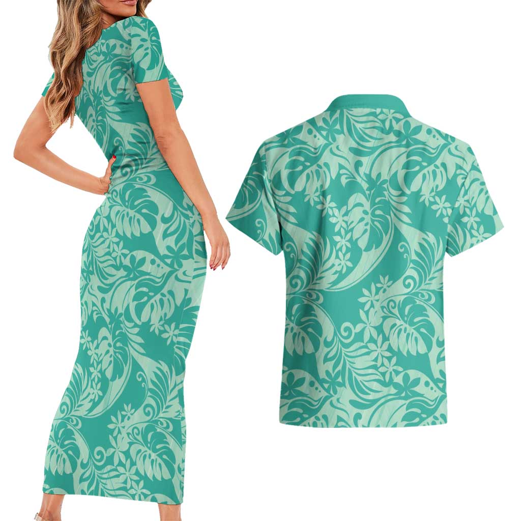 Tahiti Teal Tiare Floral Couples Matching Short Sleeve Bodycon Dress and Hawaiian Shirt Monstera Palm Tropical Leaves LT01 - Polynesian Pride
