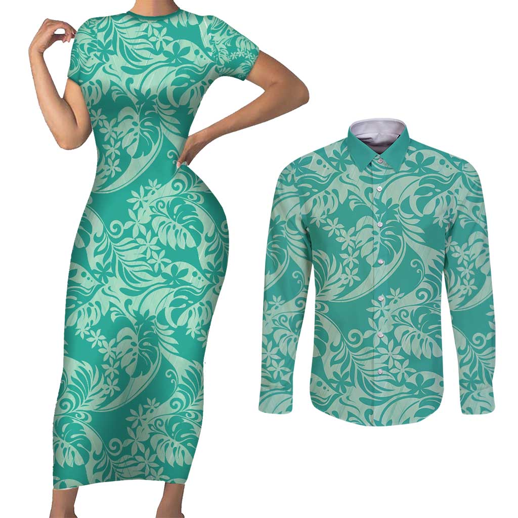 Tahiti Teal Tiare Floral Couples Matching Short Sleeve Bodycon Dress and Long Sleeve Button Shirt Monstera Palm Tropical Leaves - Polynesian Pride